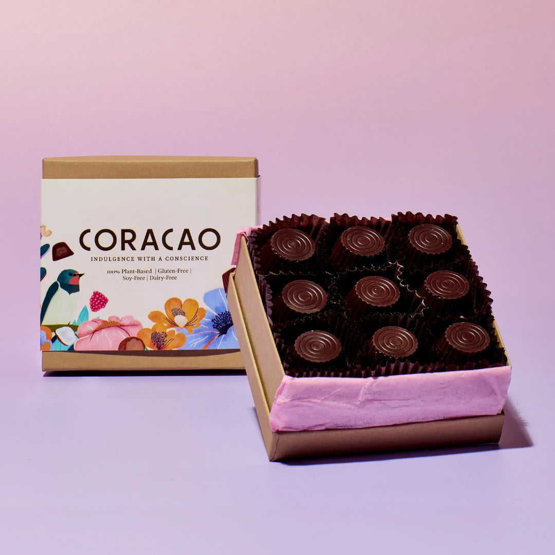 Organic and fair-trade salted caramel chocolate truffles, made with 81% dark chocolate.
